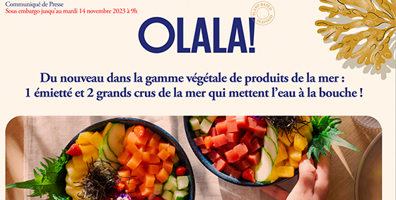 Image présentant deux bols de poké côte à côte, illustrant les nouveaux produits d'OLALA! qui sont des alternatives végétales au saumon cru et au thon cru. Chaque bol contient une abondance d'ingrédients frais et colorés, avec l'alternative végétale au saumon dans un bol et l'alternative au thon dans l'autre. Les bols sont disposés sur un fond épuré, mettant en valeur les couleurs vives des ingrédients.